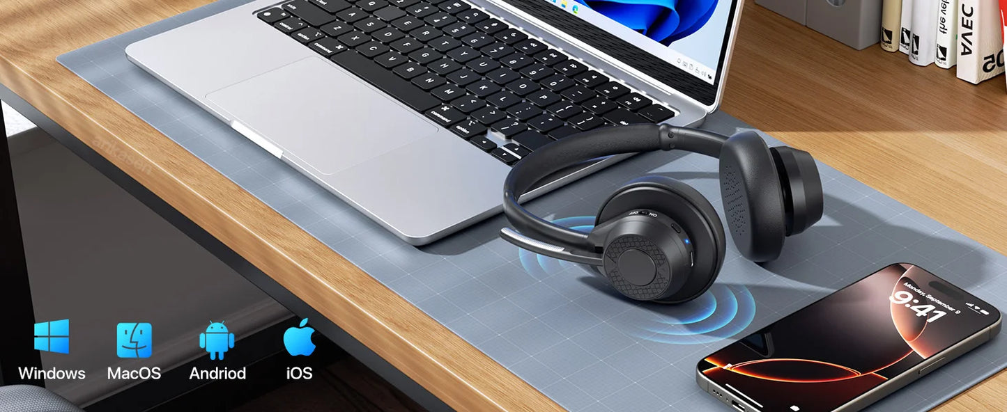سماعة رأس لاسلكية بتقنية البلوتوث 5.4 مزودة بميكروفون وخاصية إلغاء الضوضاء وتقنية Multipoint Connect وسماعة رأس لاسلكية للعمل