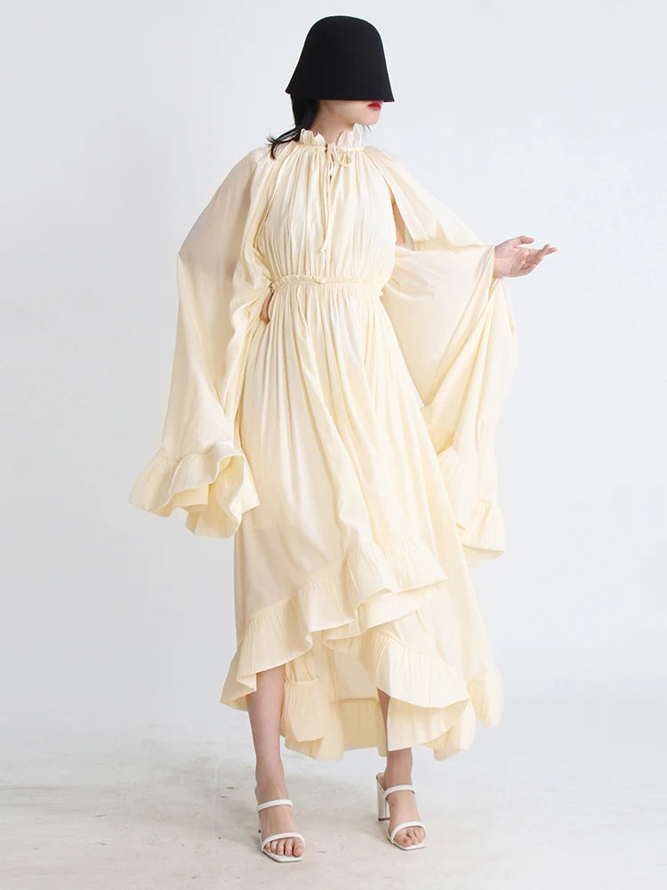 TWOTWINSTYLE Minimalist Dresses For Women V Neck Cloak Sleeve High Waist Ruffles Irregular Summer Dress Female Fashion Clothing