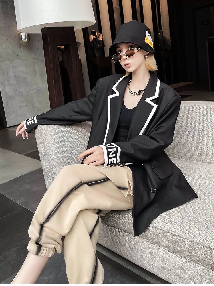 Women Fashion Jacket Wedding Casual Business High Quality Black Blazer Suit Coat Ladies Double Breasted Letter Long Sleeve Tops