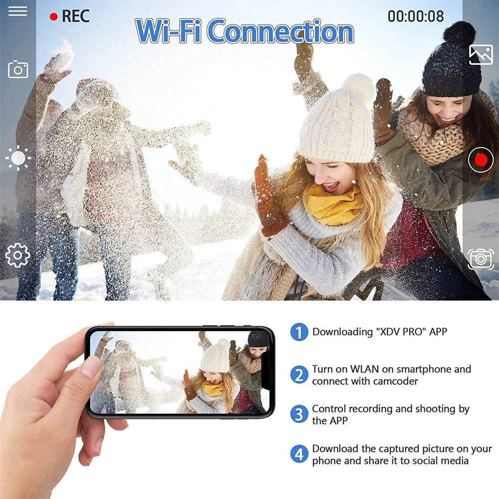 كاميرا فيديو احترافية بدقة 4K لبث مقاطع الفيديو على يوتيوب وLikee Ins وVlog مع تقريب رقمي 16x وكاميرا رؤية ليلية بالأشعة تحت الحمراء وواي فاي