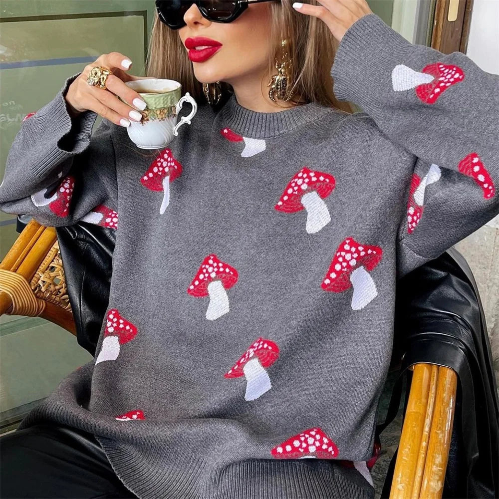 Women's Clothing Trend 2024 New Fashion Mushroom Graphic Print Sweater Long Sleeve Plus Size Tops Loose Casual Street Pullovers