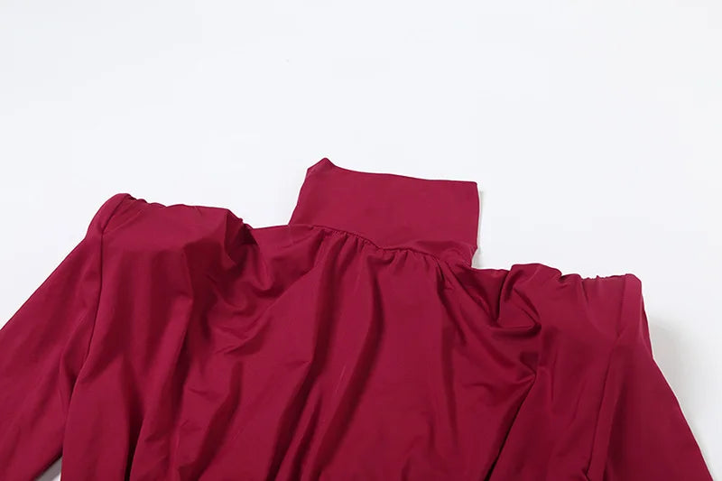 ملابس نسائية خريف وشتاء 2025 موضة جديدة بمزاج عالي الرقبة مطوي الخصر نحيف ملفوف حول الورك فستان بأكمام طويلة للنساء