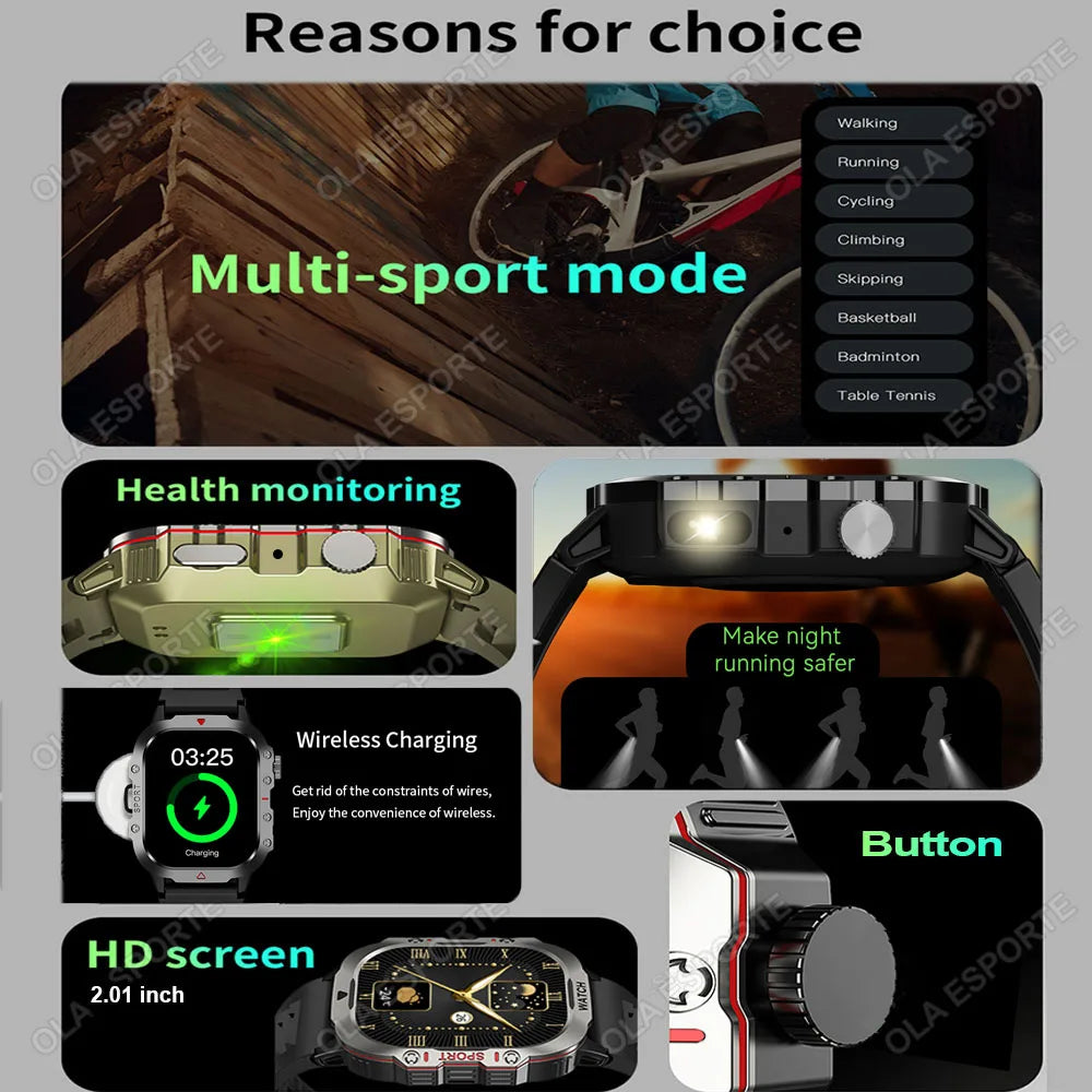 Outdoor Sports Smart Watch 2.01 Inch AMOLED Screen LED Flashlight Bluetooth Talking Smart Watch for Men Women Holiday Gifts 2025