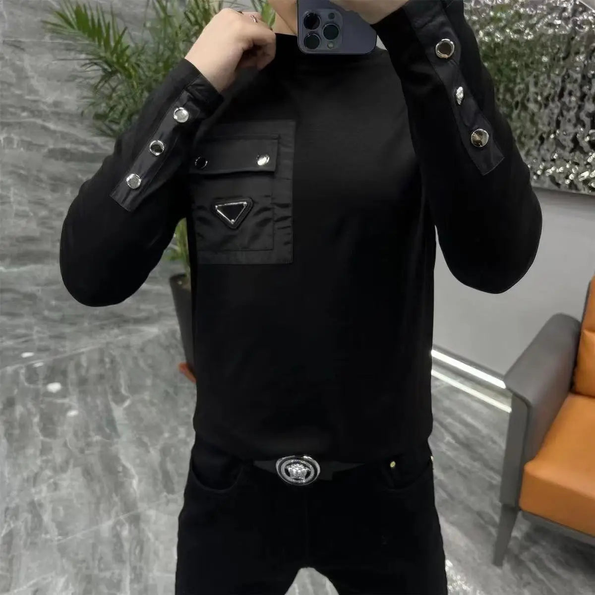 Fashion 2025 Men's Autumn Round Neck Long-sleeved T-shirt Versatile Fashion Black Personalized Base Shirt