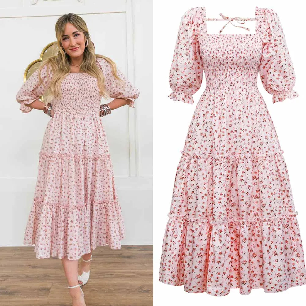 Women's Long Dresses Fashion Floral Ladies Dress Vestidos Vintage Holiday Long Dresses Maid Dress Vestidos Femal Elegant Dresses
