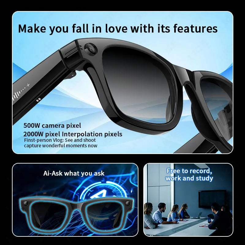 AI Smart Glasses 5 Million Pixels Recording Videos Photo Recognition Answer Translation 290mAh IP66 Waterproof Bluetooth Glasses