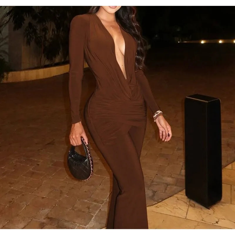 Women's Clothing 2025 Autumn Solid Color Long-sleeved Deep V-neck Fashion Pleated Slim-fit Jumpsuit