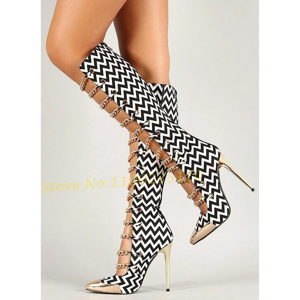 Zebra Stripes Chain Gladiator Boots Metal Toe Iron Chain Splicing Sandals Boots White Black Sexy Autumn Fashion Women High Boots