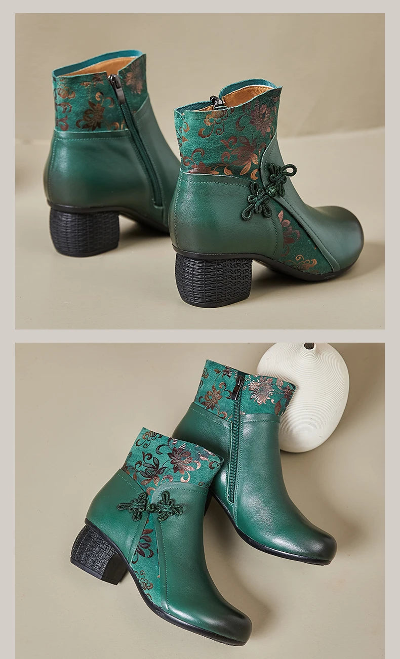 GKTINOO Genuine Leather Ankle Boots 2025 Winter New Ethnic Printed Women's Boots Soft Soles Thick Heels Mother's Leather Boots