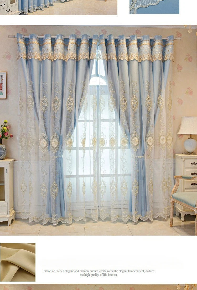 ستائر مخصصة لغرفة المعيشة وغرفة الطعام وغرفة النوم، قماش أوروبي فاخر مزدوج الطبقات مع تطريز متكامل وديكور معتم