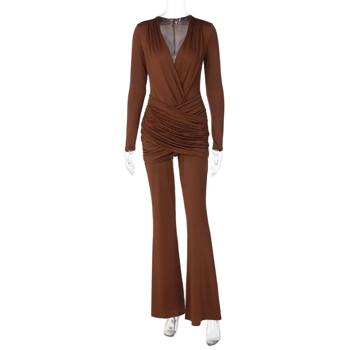 Women's Clothing 2025 Autumn Solid Color Long-sleeved Deep V-neck Fashion Pleated Slim-fit Jumpsuit