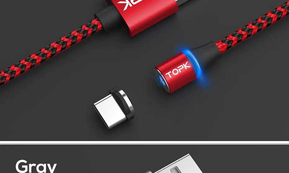 Magnetic Charging Cable 3 IN 1 TOPK 360 Rotation Magnetic Phone Charger Cable with LED Light for Micro USB Type C Cable