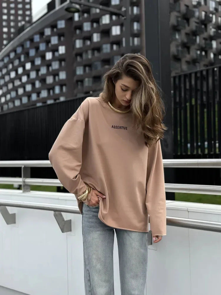 Women's Clothing Spring Loose Solid Color Round Neck Long Sleeve Tops Casual Fashion Simple Style All-match Trendy Comfortable