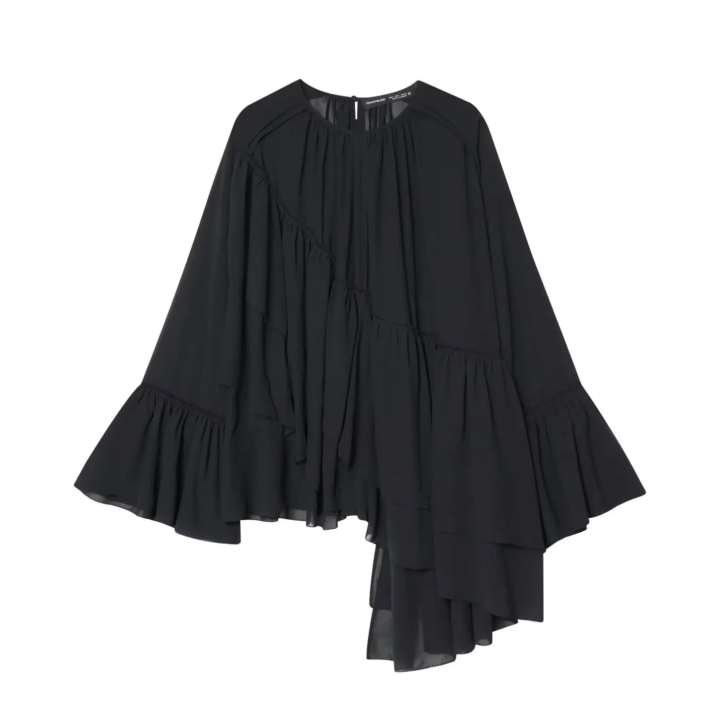 Womens Fashion Blouse Top With Ruffled Round Neck Long Sleeves And Asymmetrical Chiffon Shirt Autumn And Winter Casual Wear