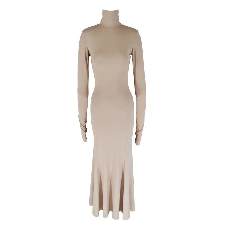 فساتين نسائية خريف وشتاء جديدة مثيرة سادة بدون ظهر أنيقة فستان كاجوال أنيق بأكمام طويلة ورقبة مدورة رفيعة