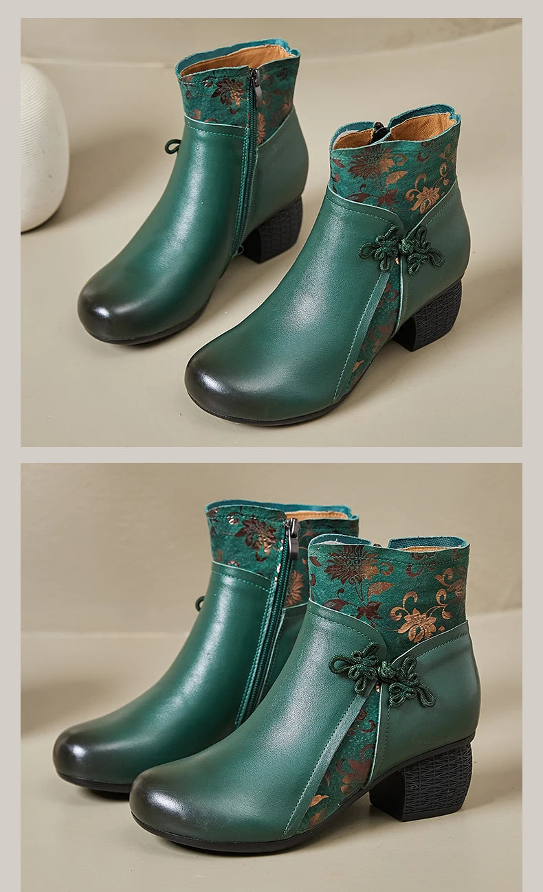 GKTINOO Genuine Leather Ankle Boots 2025 Winter New Ethnic Printed Women's Boots Soft Soles Thick Heels Mother's Leather Boots