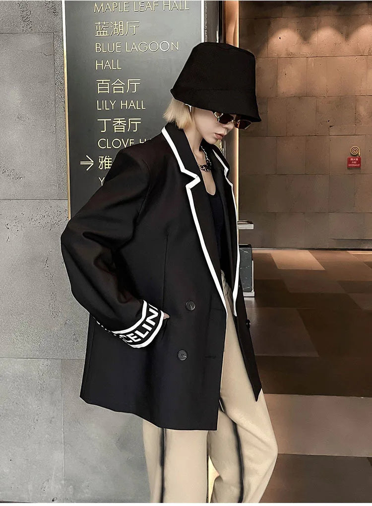 Women Fashion Jacket Wedding Casual Business High Quality Black Blazer Suit Coat Ladies Double Breasted Letter Long Sleeve Tops