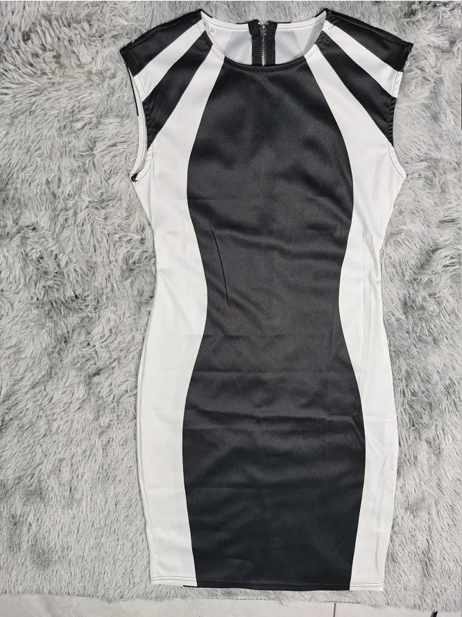 2025 Summer Women's Dresses Fashion Elegant Colorblock Round Neck Sleeveless Casual Bodycon Mini Daily Dress for Female