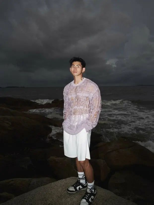 【 Fashion Items 】 Men's Laid-back Style Openwork Long-sleeved T-shirt , See-through Tattered Style Long-sleeved Knitted Sweater