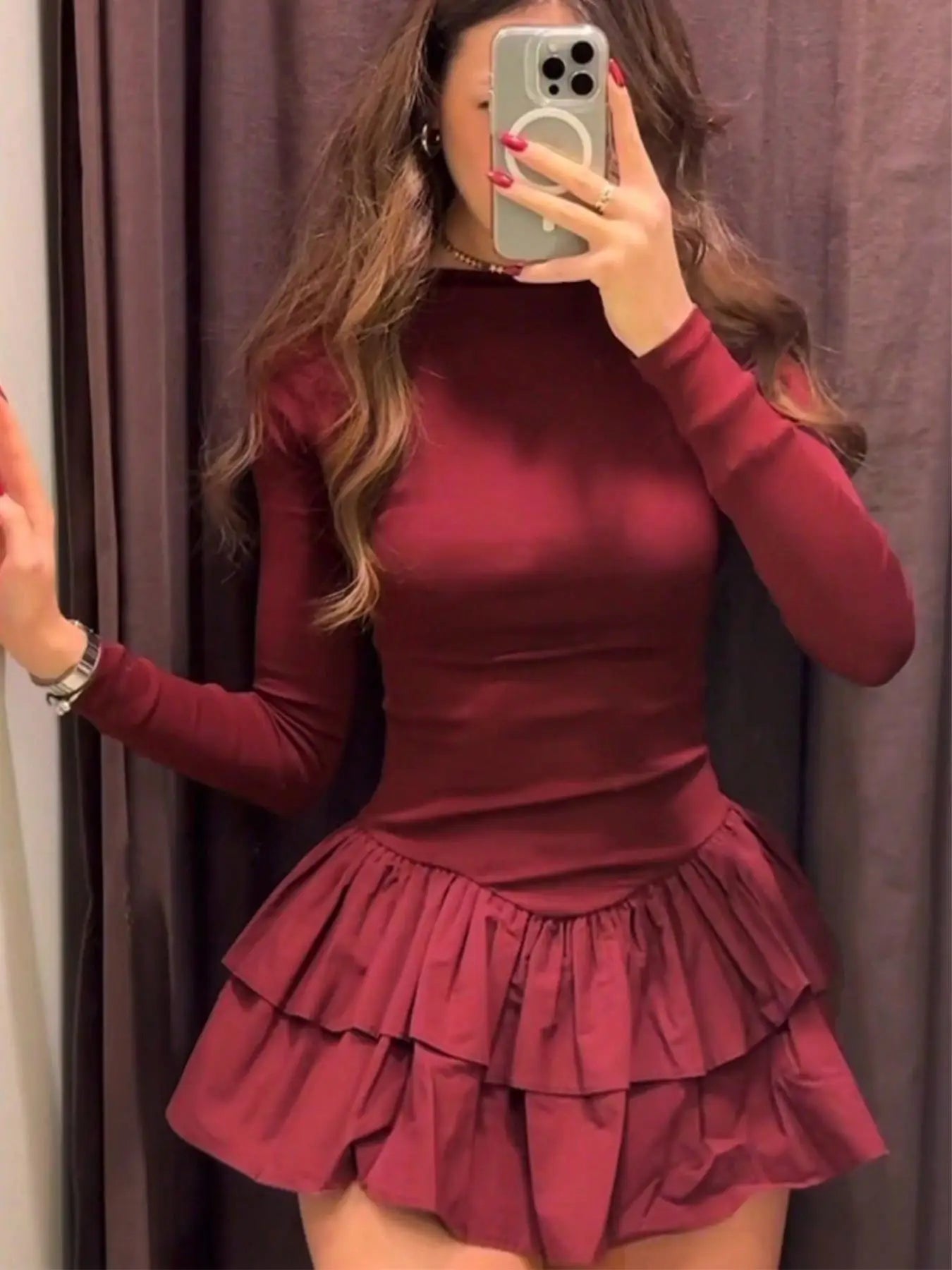 Women Fashion Solid Tierred Ruffle A-Line Dress Spring Elegant O Neck Slim Fit Mini Dress Autumn Long Sleeve Simple Boho Dresses