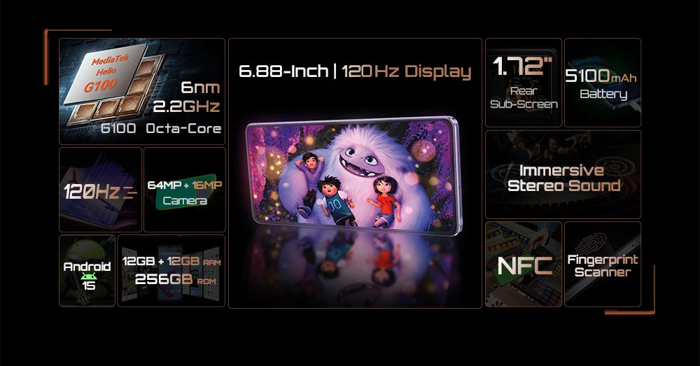 Smartphone Android 15 Cubot P90, 6.88-Inch 120Hz Screen, 24GB RAM+256GB ROM, G100 Octa-core, 2.2GHz, 64MP, 5100mAh,NFC, 4G Phone