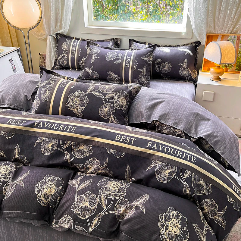 Home Textile Microfiber Bedding Set 4pcs Duvet Cover Set Printed Grey Bed Linens 2025 New Polyester Top Sheet Pillowcase