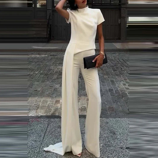 Women Elegant Commuting 2Pc Suit Fashion Stand Collar Solid Color Irregular Set Casual Short Sleeve Pullover & Long Pant Outfits