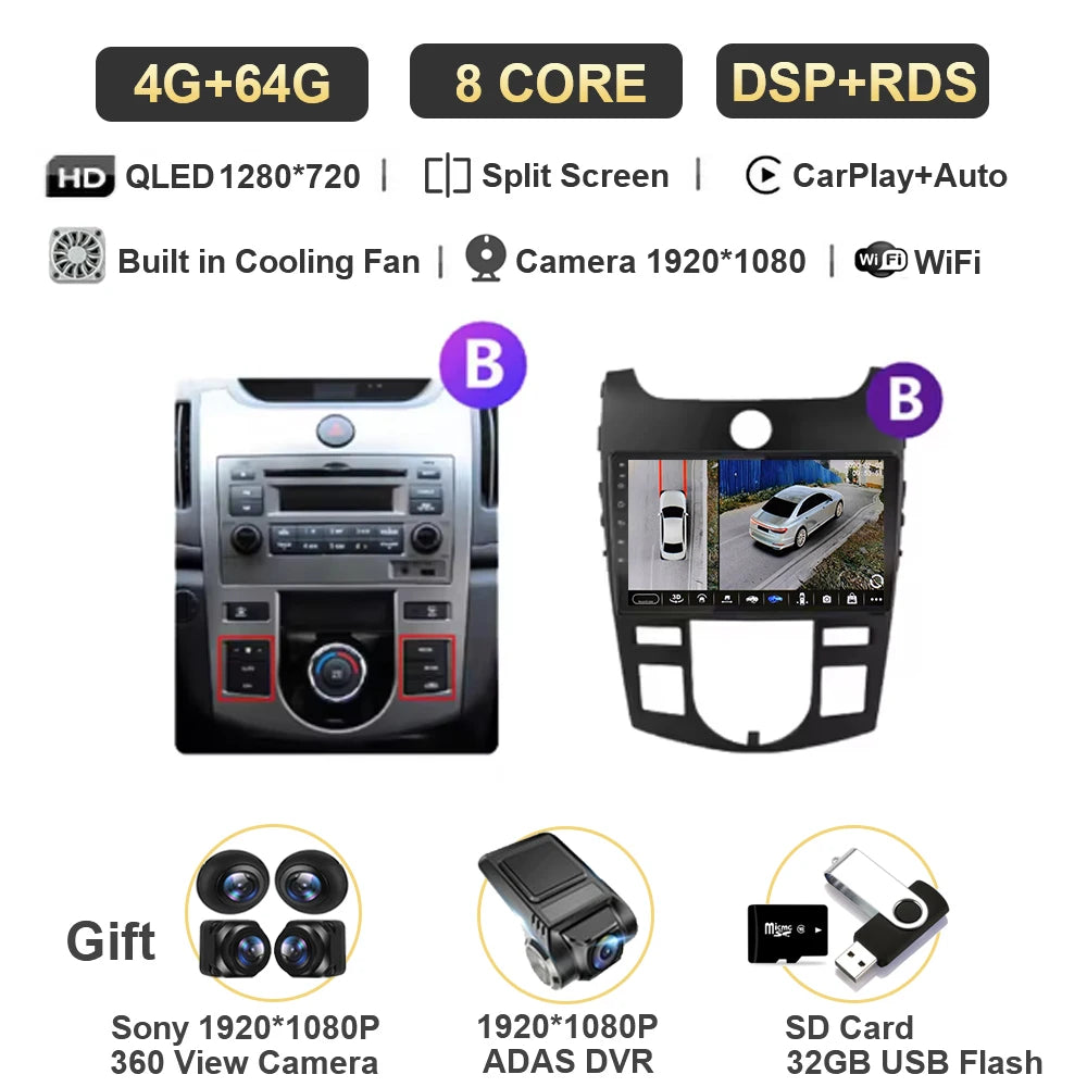 Android For KIA Forte Cerato 2 Porte Koup 2008 2009 2014 Auto Car Intelligent Systems AutoMotiveCarplay Auto Screen Wireless