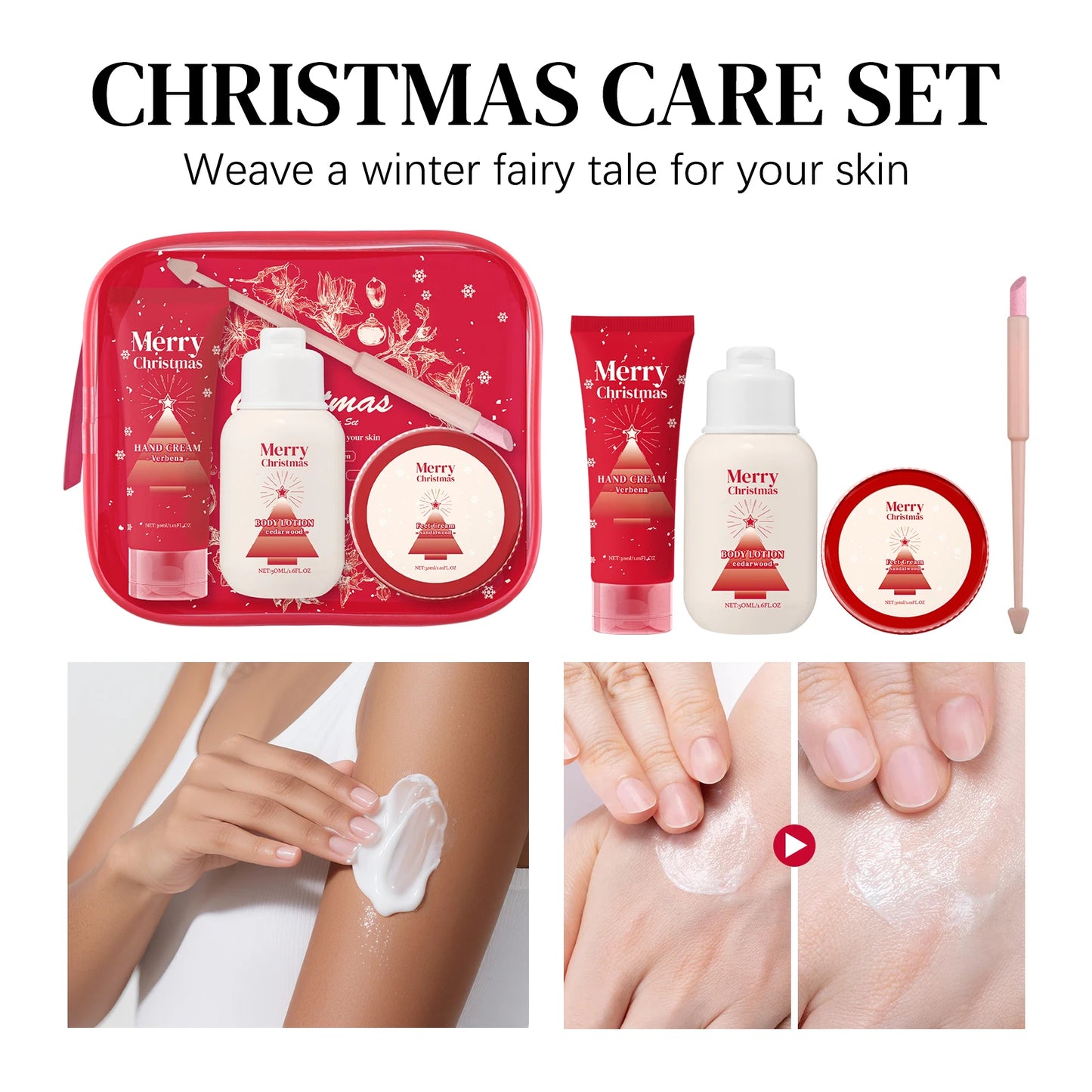 Merry Christmas 110ml Skin Care Gift Set - Hand Body Feet Cream with Nail Pen, Natural Verbena Cedarwood Sandalwood Fragrance