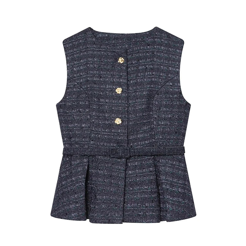 Women's Waistcoat Fashion With Belt O-Neck Sleeveless Vests Vintage Female Outerwear Chic Tops