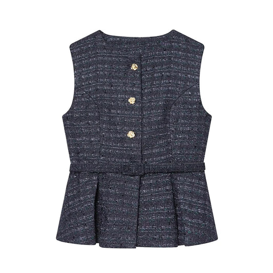 Women's Waistcoat Fashion With Belt O-Neck Sleeveless Vests Vintage Female Outerwear Chic Tops
