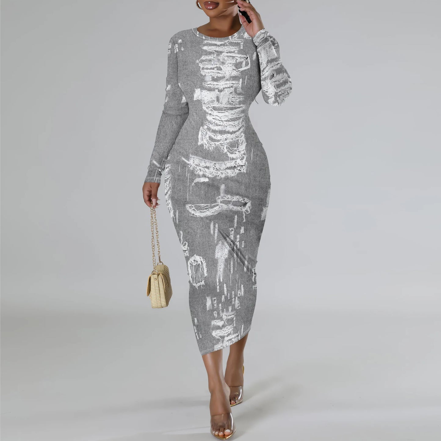 European and American women's fashion temperament casual print slim black dress