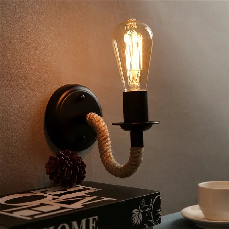 Bedside bedroom decorative wall lamp retro staircase hallway iron hemp rope lamp American industrial style Sconce lamp