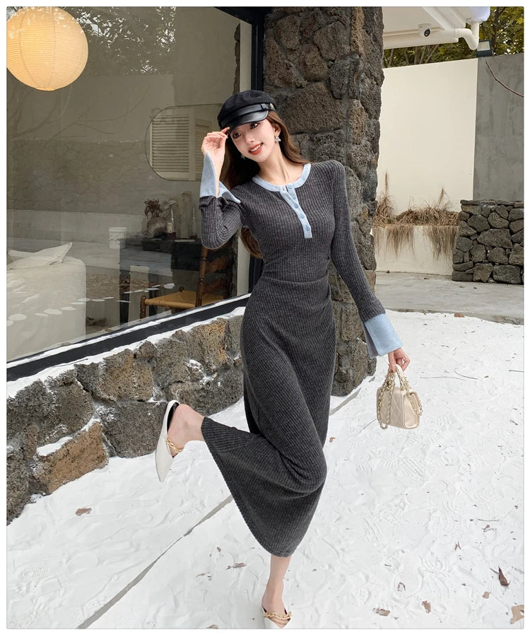 2025 Spring New Women Fashion Casual O-neck Party Dresses Ladies French Elegant Slim Waist Knitted Long Dress Vestidos Longos