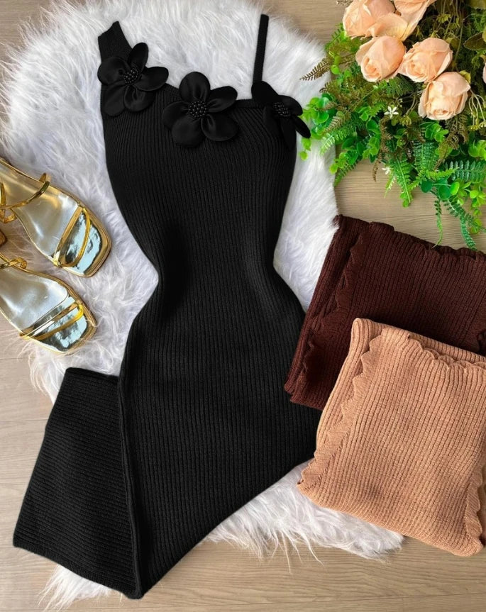 Sexy Elegant Dresses for Women New Fashion 2024 Autumn Spring Summer Casual Floral Pattern Beaded Knit Bodycon Dress