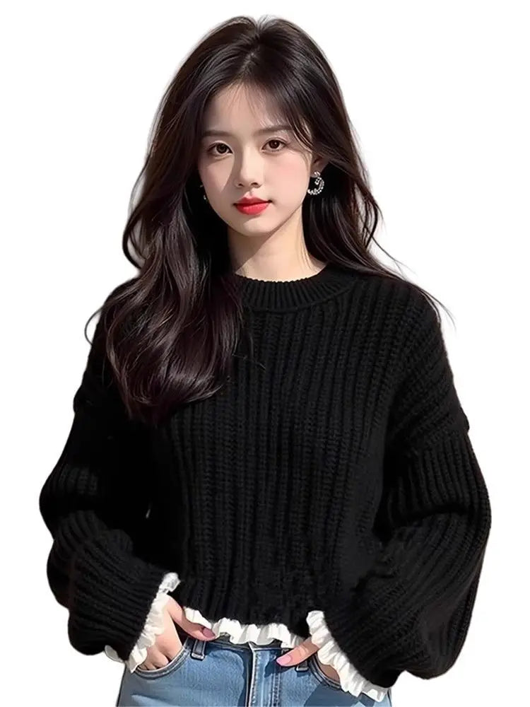 Women's Clothing Fashion Sweet Splicing Fake Two Sweaters Autumn Winter New Elegant Solid Folds Side Sweaters Lady O-neck Tops