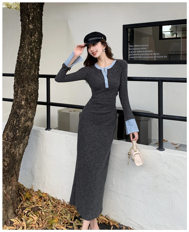2025 Spring New Women Fashion Casual O-neck Party Dresses Ladies French Elegant Slim Waist Knitted Long Dress Vestidos Longos
