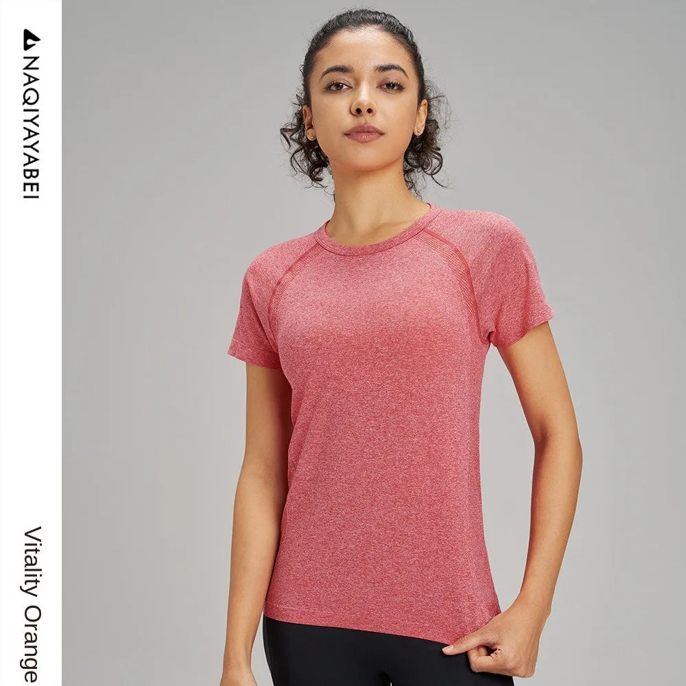 Outdoor yoga T-shirt, quick drying solid color sportswear, casual running, quick drying fitness training, short sleeved women