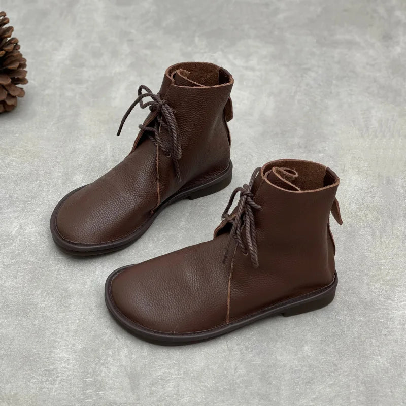 Johnature Retro Genuine Leather Short Boots 2025 New Casual Round Toe Versatile Solid Color Women's Soft Cowhide Soft Sole Shoes