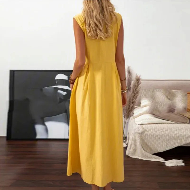 New Dresses 2025 Woman Fashion Lapel A-line Vintage Cotton Linen Long Skirt Women's Clothing Tops SwiftNest