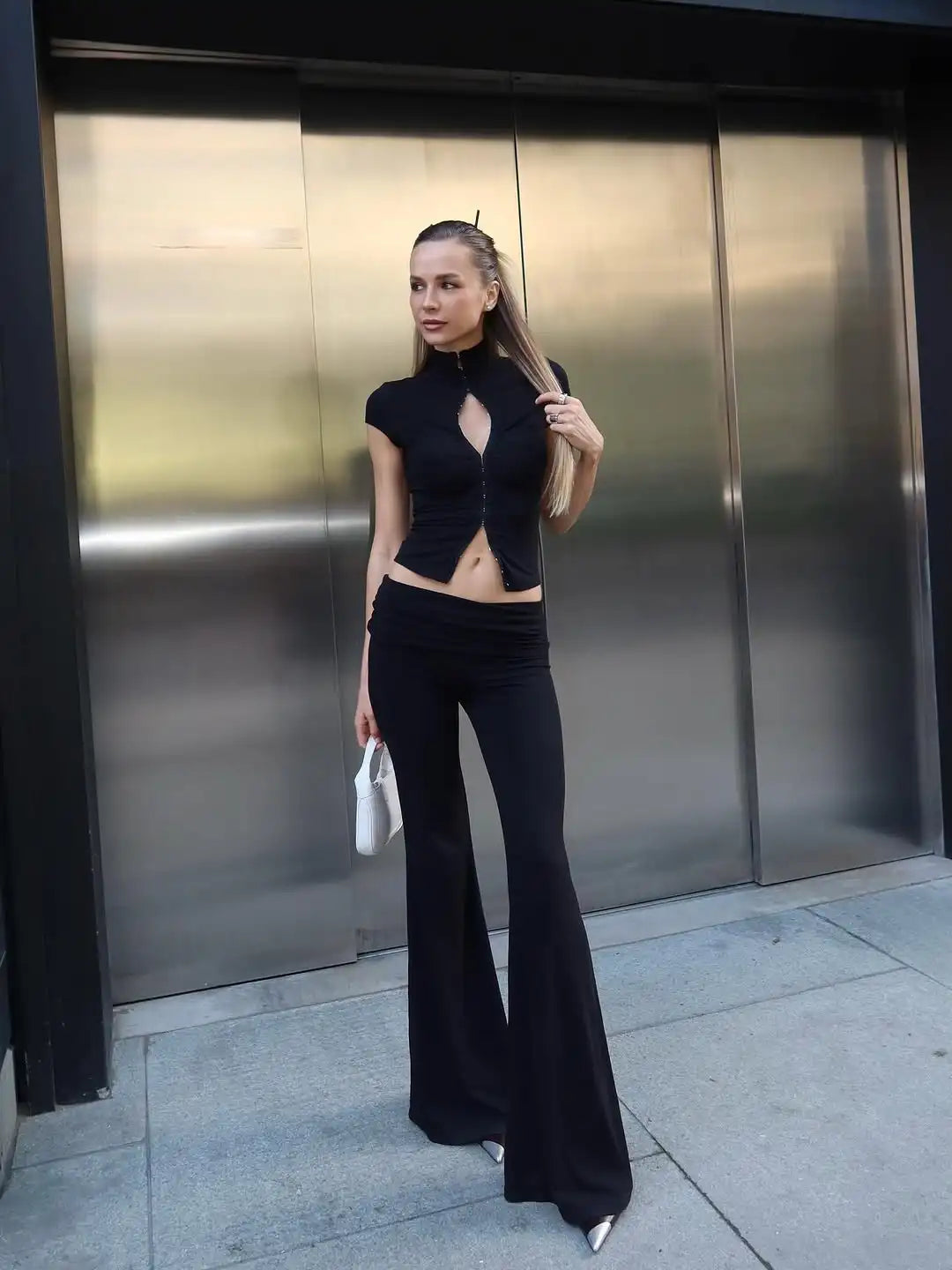 Women's Fashion Short Sleeve Pants Set Chic Tight Zipper Top Straight Leg Low Waist Trousers Casual Streetwear Commute Outfit