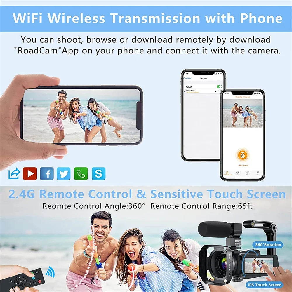 كاميرا فيديو احترافية بدقة 4K لبث مقاطع الفيديو على يوتيوب وLikee Ins وVlog مع تقريب رقمي 16x وكاميرا رؤية ليلية بالأشعة تحت الحمراء وواي فاي