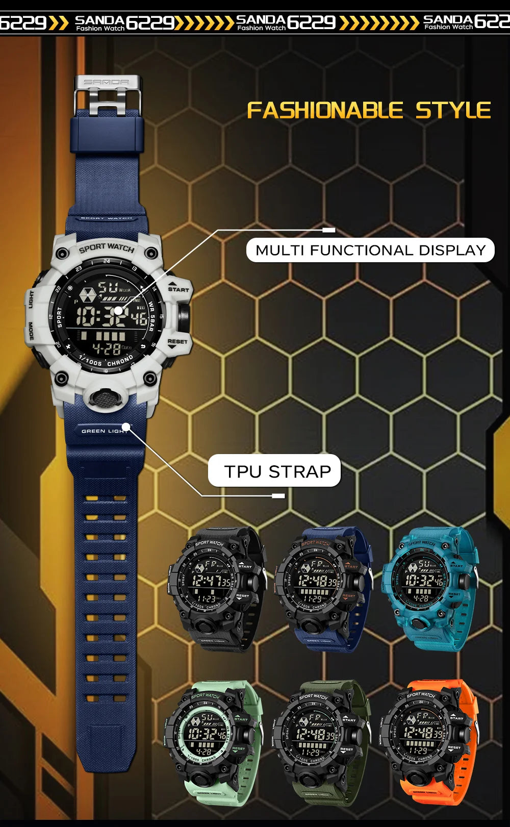 SANDA Outdoor Sports Men Watch Waterproof LED Analog Digital Show Multifunction Big Dial Electronic Wristwatch G style Male Cloc