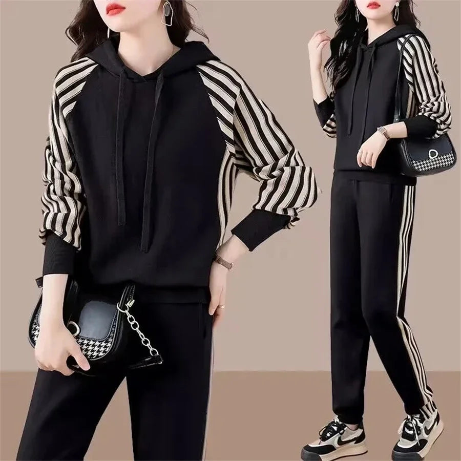 Fashion Autumn Women 2 Pieces Sets Casual Hooded Patchwork Loose Knitted Sweater Sports Harlan Pants Suits Winter Sportswear SwiftNest