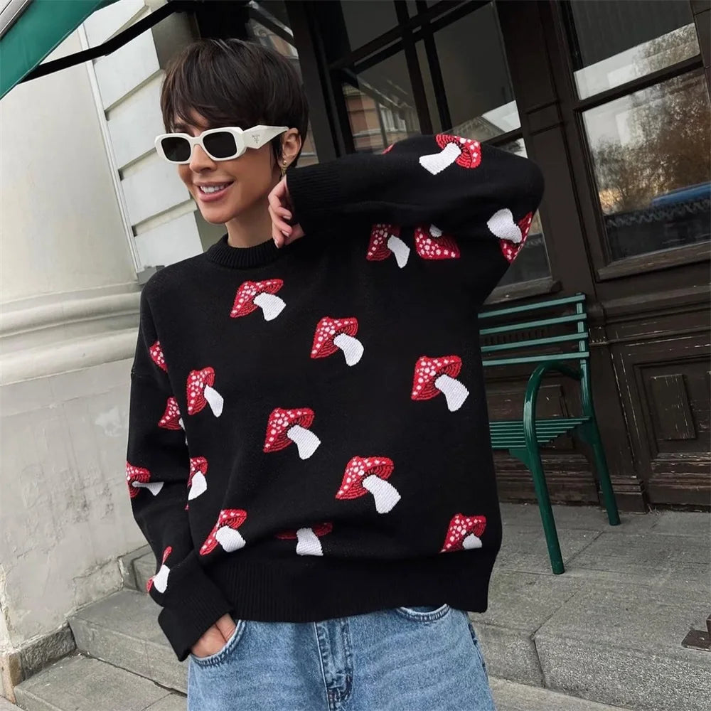 Women's Clothing Trend 2024 New Fashion Mushroom Graphic Print Sweater Long Sleeve Plus Size Tops Loose Casual Street Pullovers