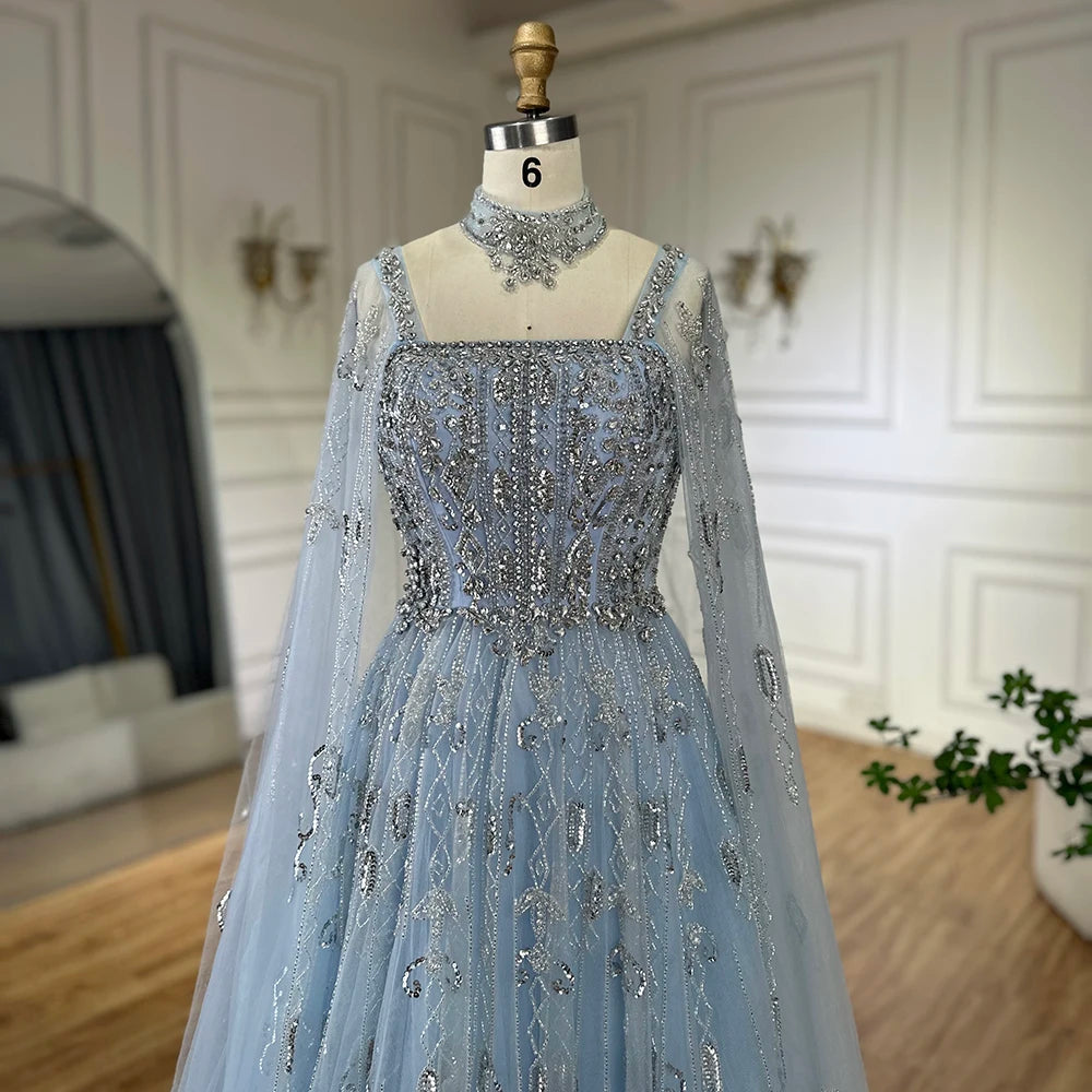 Serene Hill 2025 Arabic Nude A Line Cape Sleeve Crystal Beaded Luxury Evening Dresses Gowns Formal Occasion Customize BLA72764