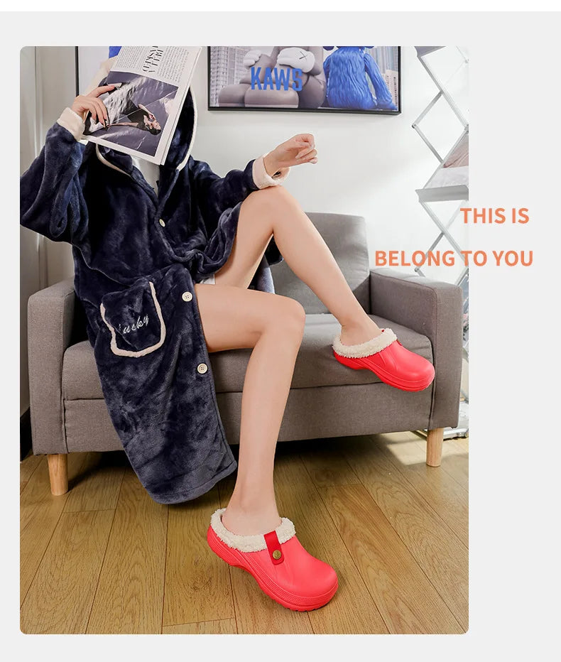 Waterproof Mule Clogs Men Slippers Winter Warm Unisex Fur Slippers House Room Slippers Trend Indoor Floor Shoes Slides For Women