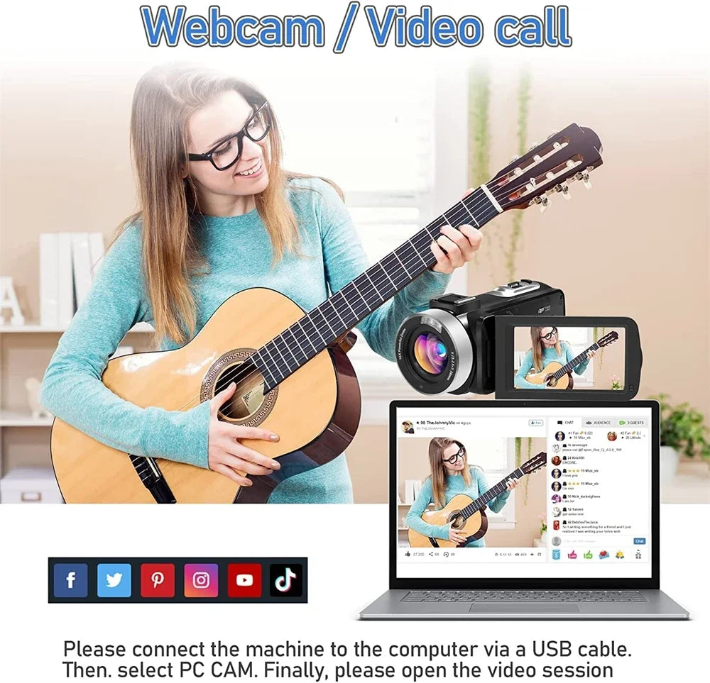 كاميرا فيديو احترافية بدقة 4K لبث مقاطع الفيديو على يوتيوب وLikee Ins وVlog مع تقريب رقمي 16x وكاميرا رؤية ليلية بالأشعة تحت الحمراء وواي فاي