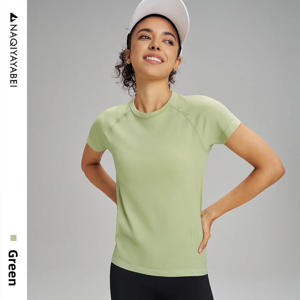 Outdoor yoga T-shirt, quick drying solid color sportswear, casual running, quick drying fitness training, short sleeved women