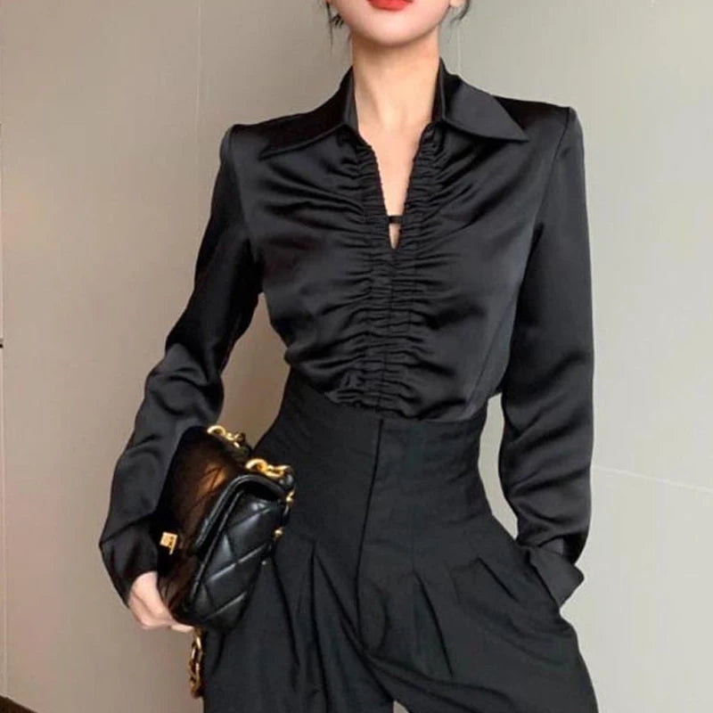 Women French Style Vintage Satin Luxury Designer Shirts Spring Autumn Fashion Elegant Blouse V Neck Long Sleeve Tops Chic Blusas SwiftNest